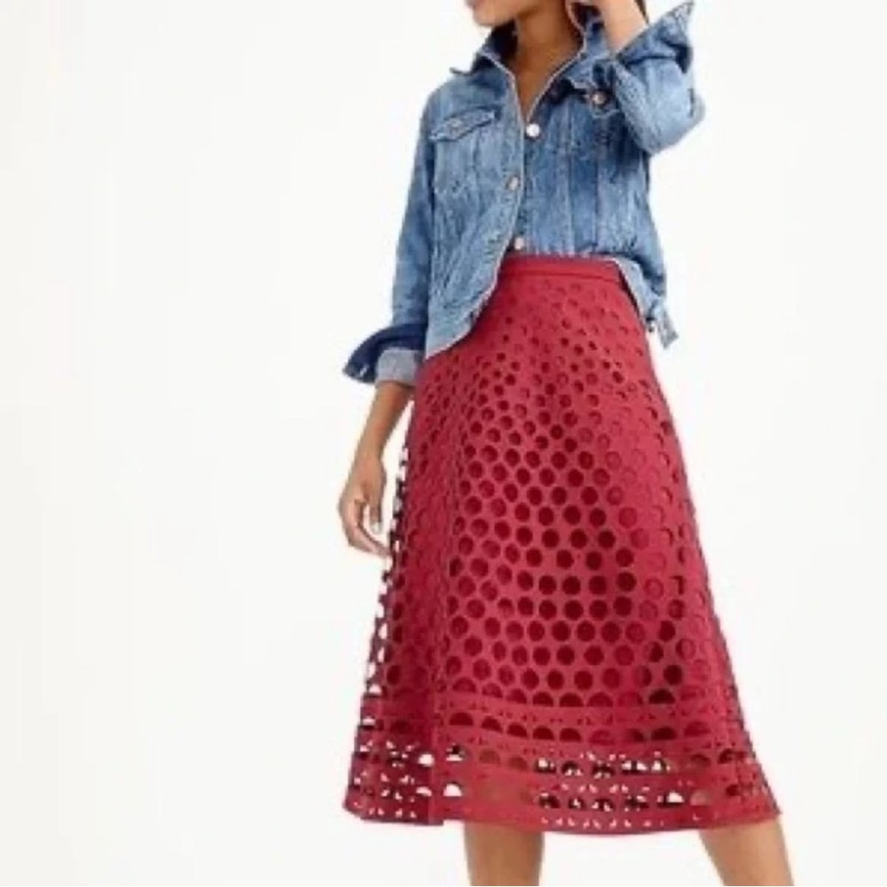 J.Crew Size 6 Red/ Burgundy Eyelet Skirt Perforated Eyelet A-Line Midi Skirt